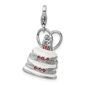 Sterling Silver Polished 3-D Enameled Wedding Cake Bracelet Charm Lobster Clasp